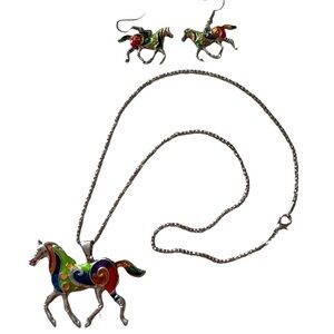Colorful Horse silver tone Pendant Necklace and Earring Set